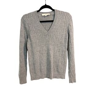 LOFT Silver Gray Cable Knit V-Neck Sweater Women Size S Metallic Shimmer Wool